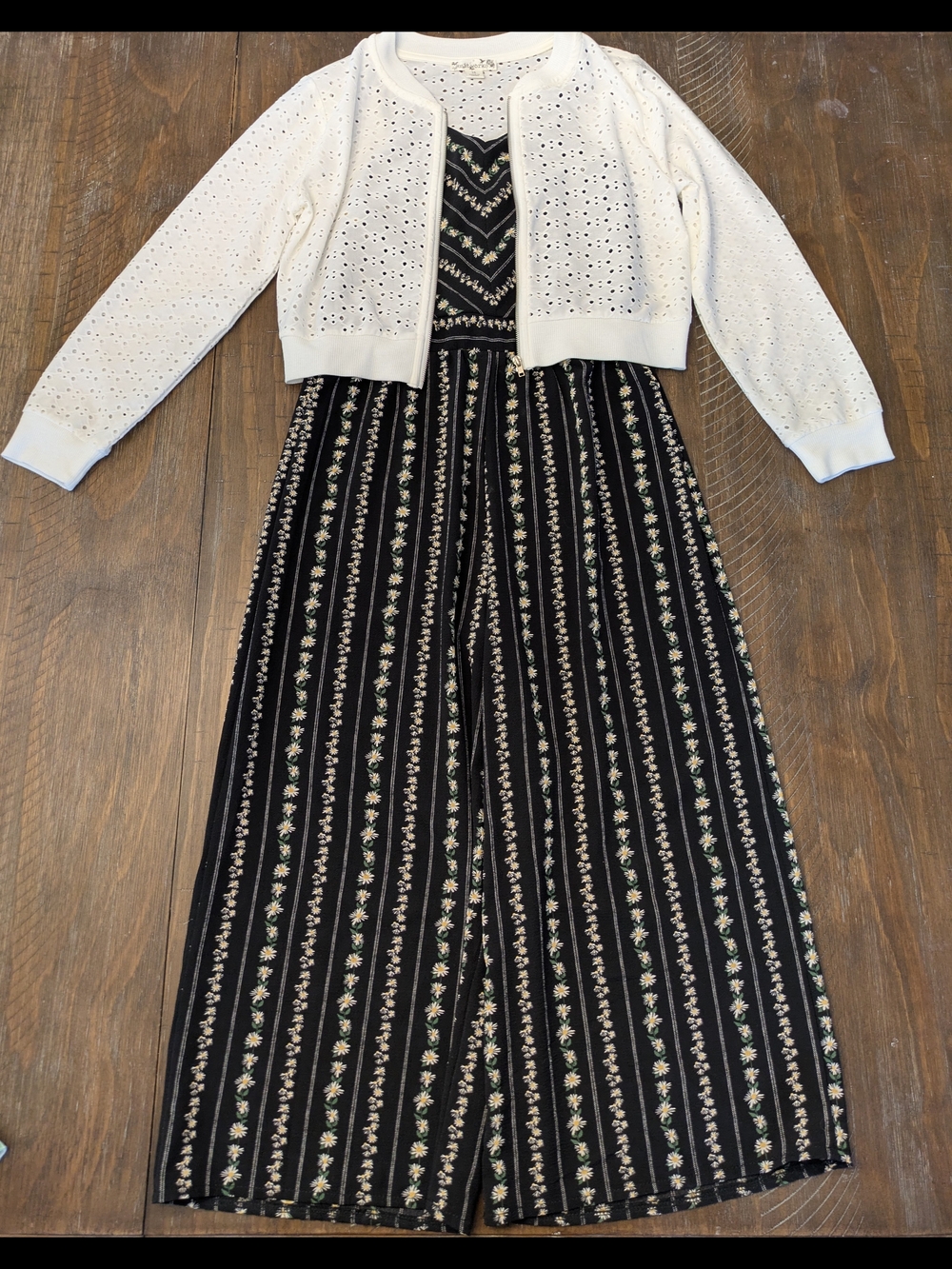 Black Floral Stripe Jumpsuit with White Eyelet Cardigan